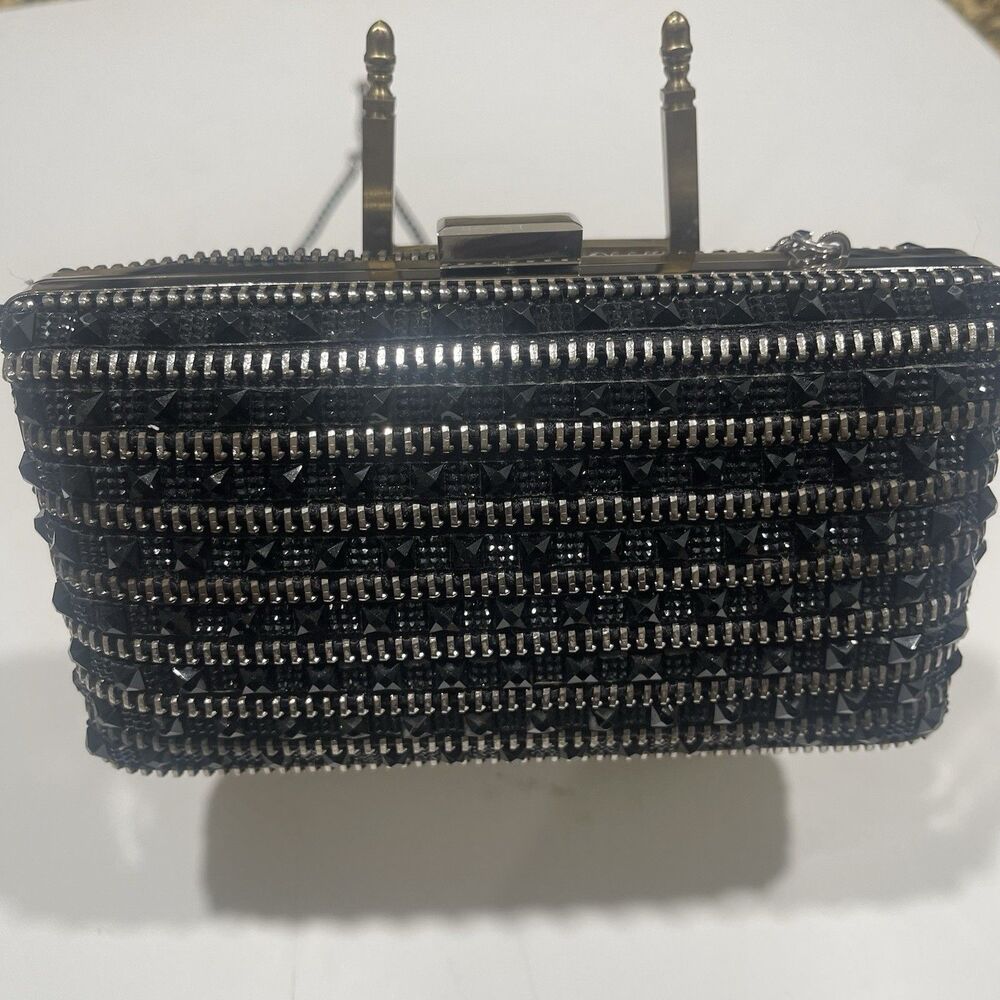 Zara Womens Black Studded Chain Strap Snap Hideable Shoulder Bag Spiky Steampunk